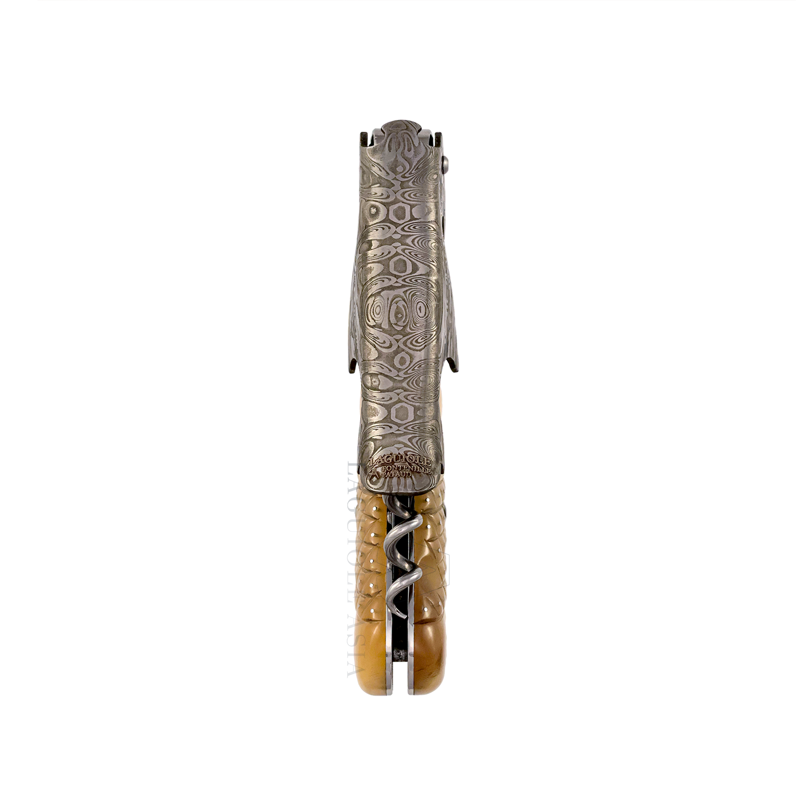 LAGUIOLE MAGNUM ⋆ 大馬士革鋼 ⋆ 菱刻紋點針鑲釘手柄 ⋆ 白牛角酒刀