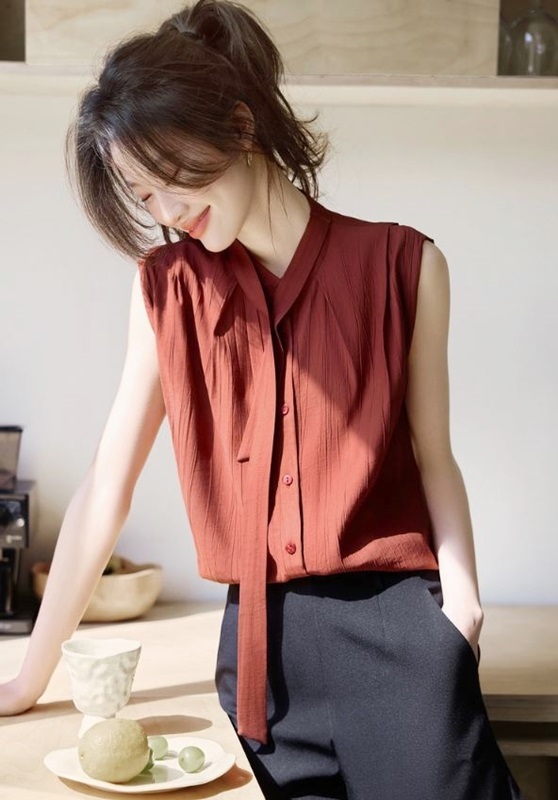 綁帶無袖襯衫上衣 磚紅