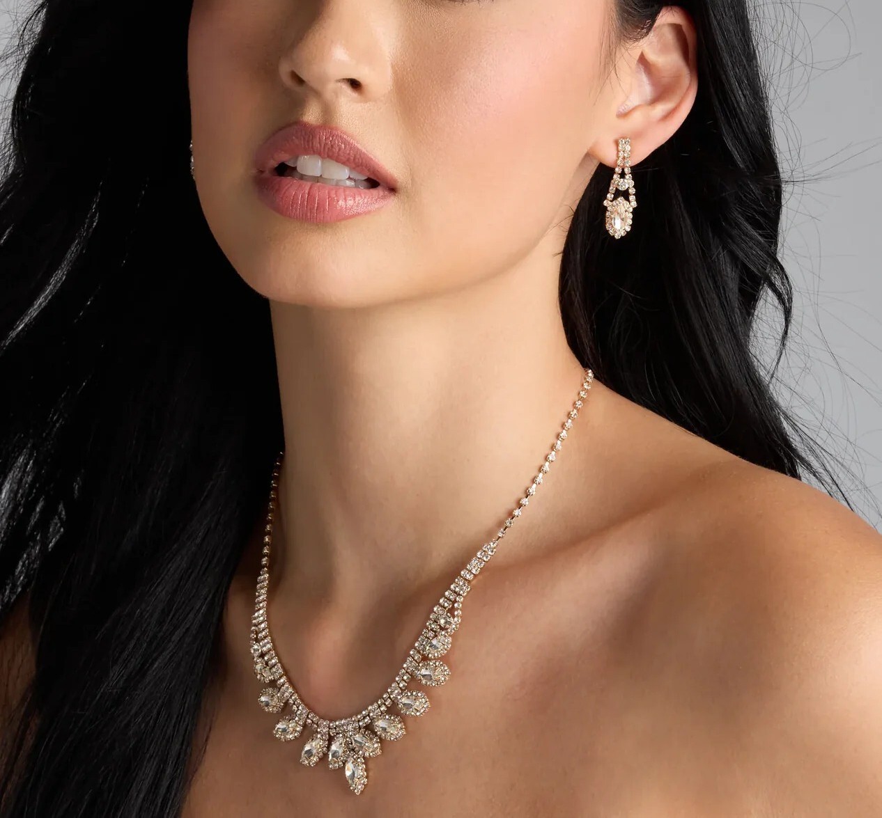 Lux Gold金色水鑽寶石耳環+項錬套組