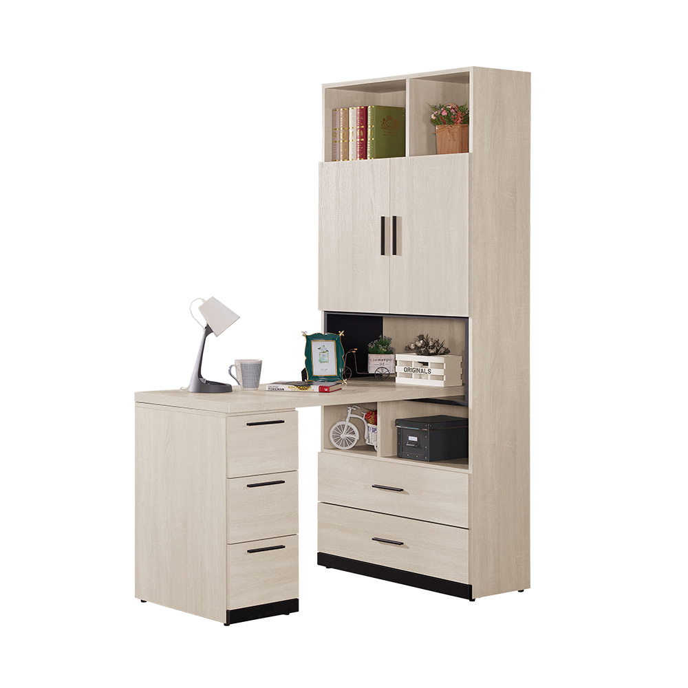 曼珊4尺L型書櫃+工作書桌組合(E款-2.7尺二門二抽書櫃+4尺書桌)