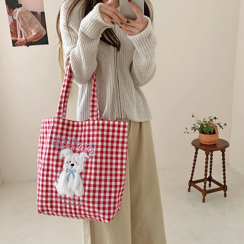 《07042》毛毛的白狗狗格子大購物袋