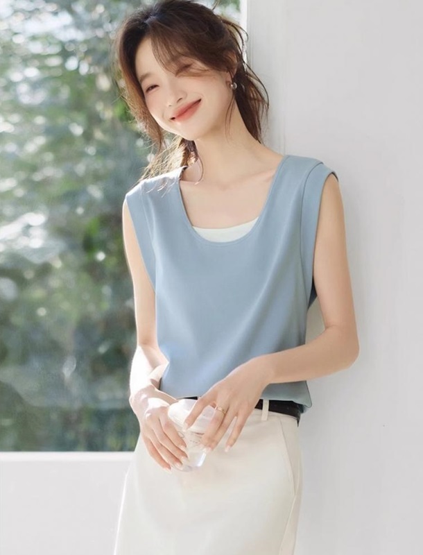 假兩件短版背心上衣 藍色