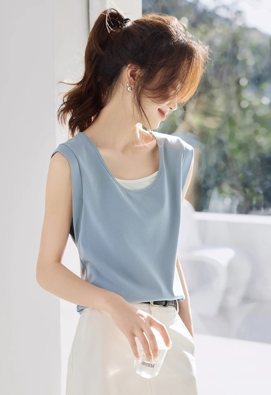 假兩件短版背心上衣 藍色