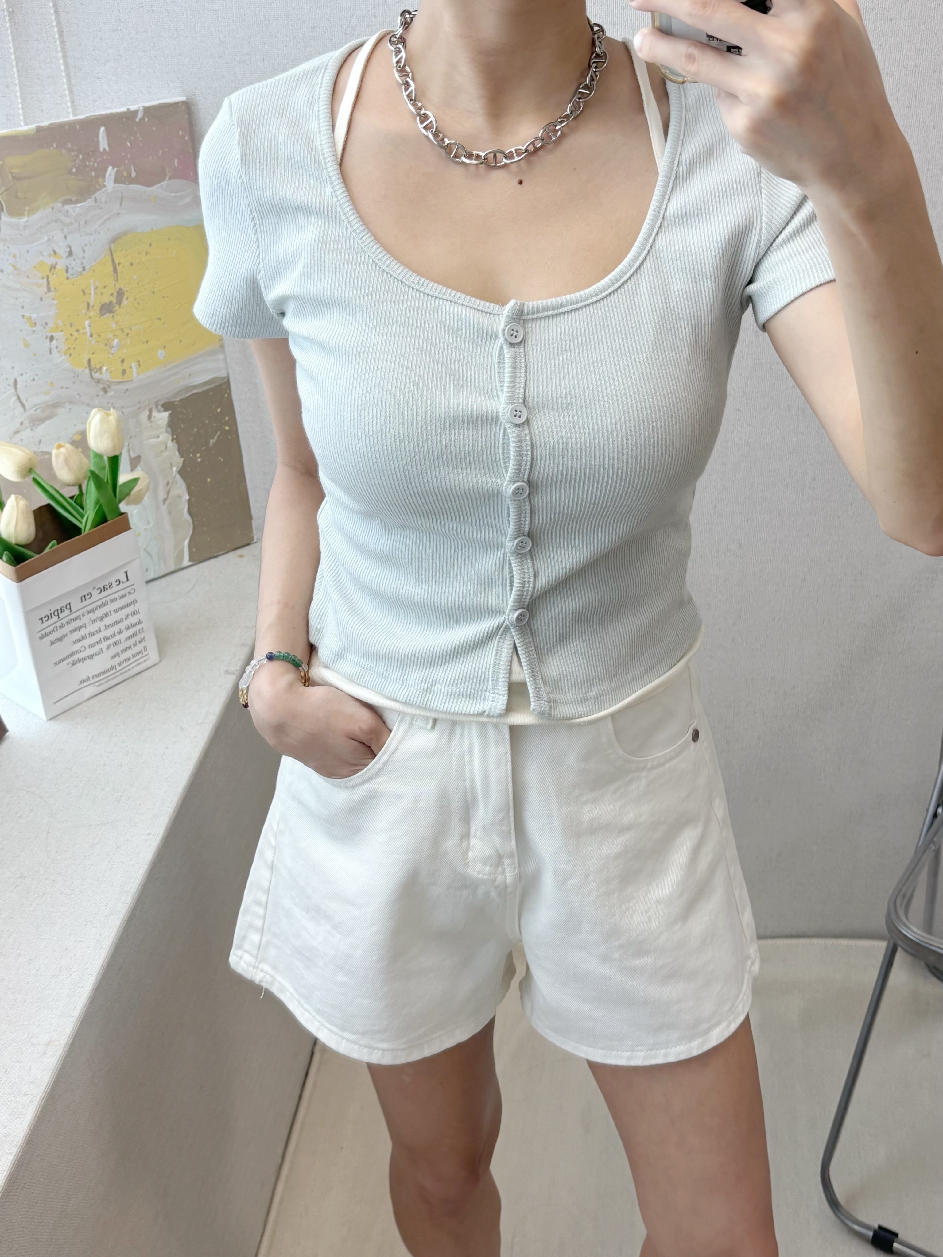 |現貨|氣質假兩件鈕扣短袖上衣(2色)