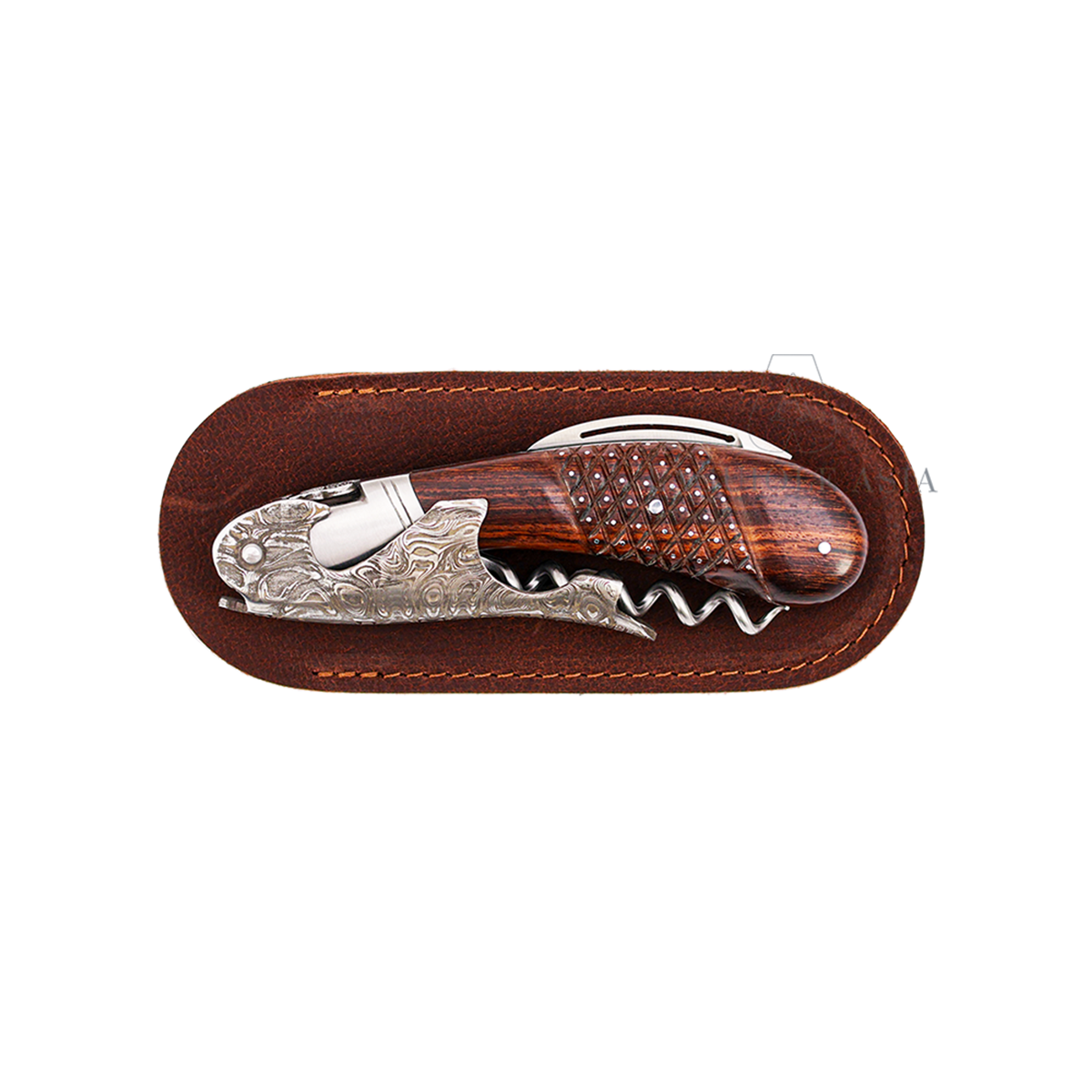 LAGUIOLE MAGNUM ⋆ 大馬士革鋼 ⋆ 菱刻紋點針鑲釘手柄 ⋆ 鐵木酒刀