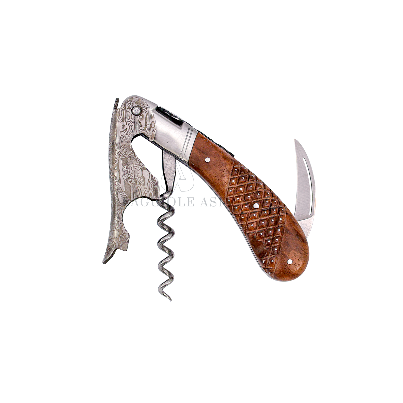 LAGUIOLE MAGNUM ⋆ 大馬士革鋼 ⋆ 菱刻紋點針鑲釘手柄 ⋆ 核桃木酒刀