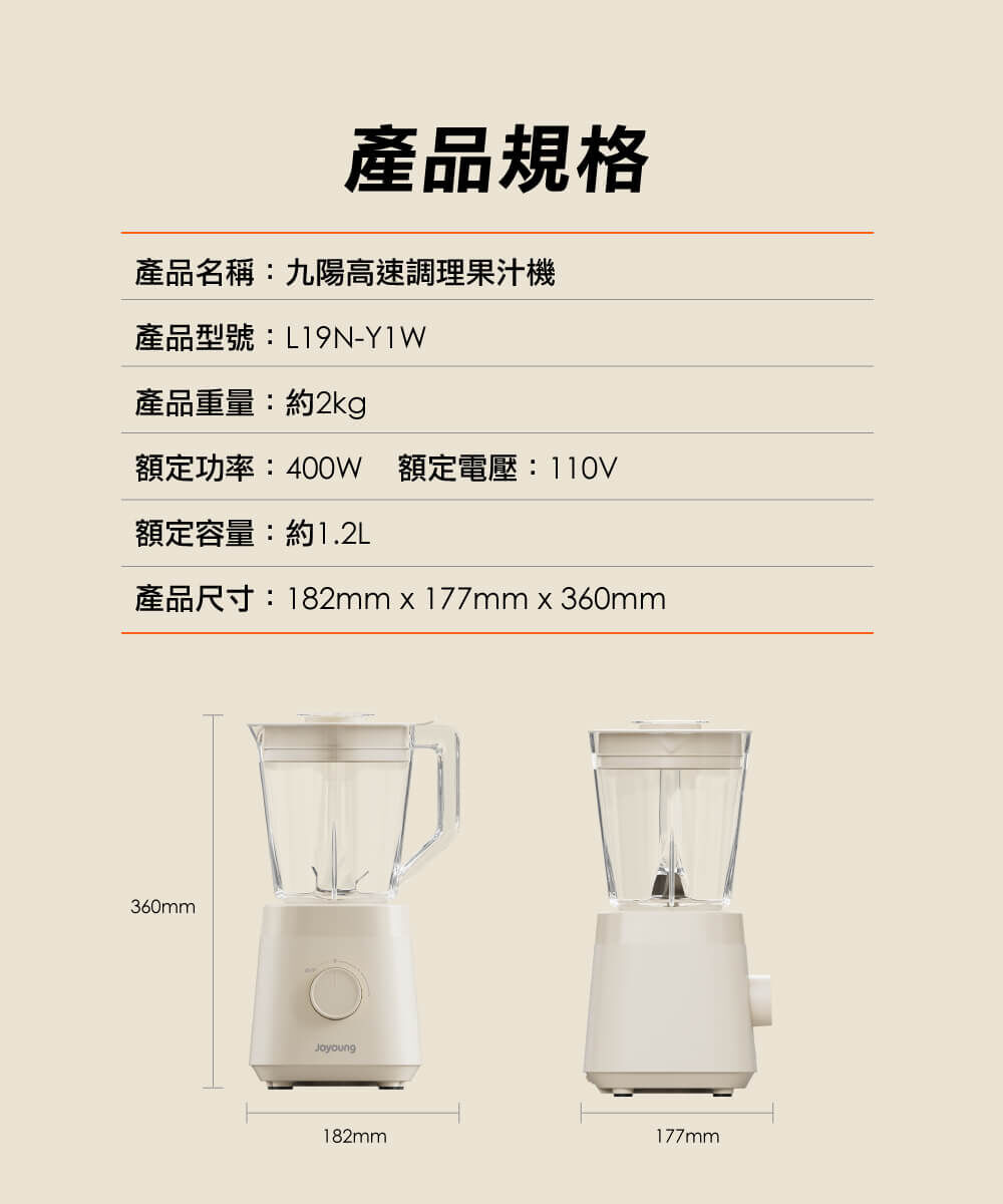 【產品規格】產品名稱：九陽高速調理果汁機、產品型號：L19N-Y1W、產品重量：約2KG、額定功率：400W、額定電壓：110V、額定容量：1.2L、產品尺寸：182mm × 177mm × 360mm