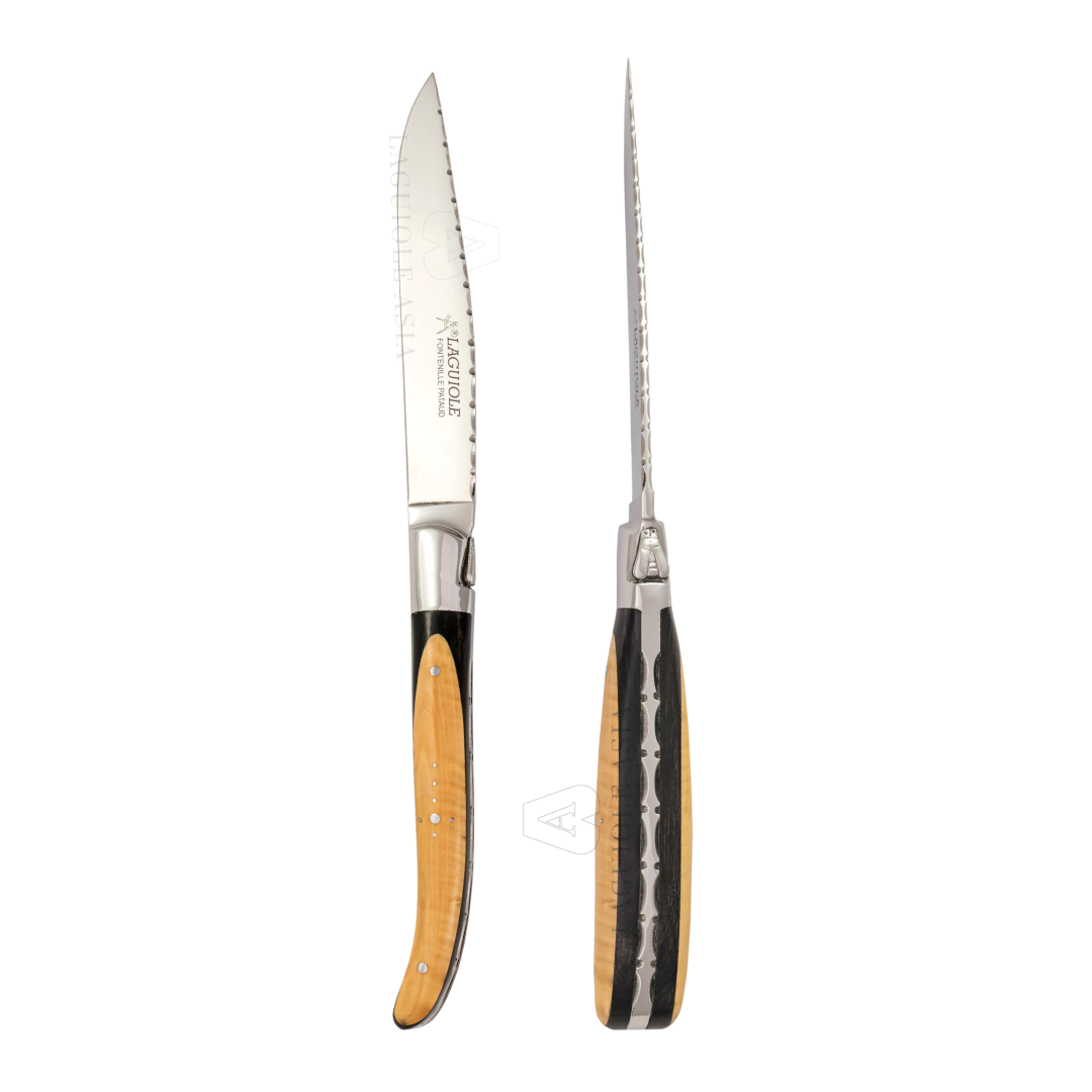 FONTENILLE PATAUD ⋆ Laguiole 黑檀木與黃楊木鑲嵌⋆ 璣鏤雕花手柄 ⋆ 牛排刀2件禮盒組