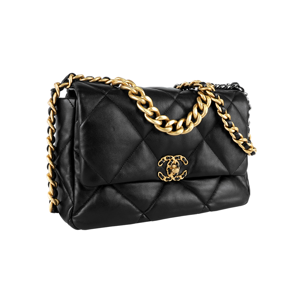 【CHANEL】Chanel 19 三色鍊帶菱格紋口蓋包(大款)(黑色)