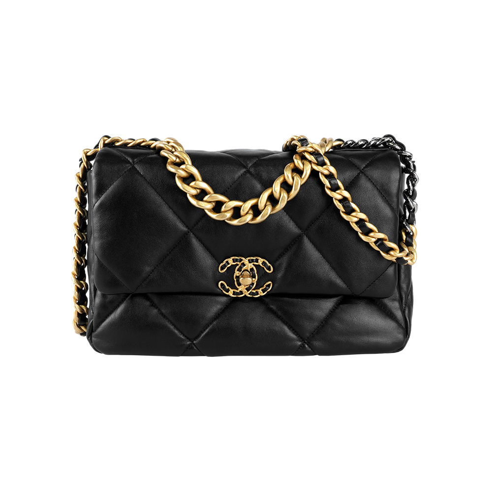 【CHANEL】Chanel 19 三色鍊帶菱格紋口蓋包(大款)(黑色)