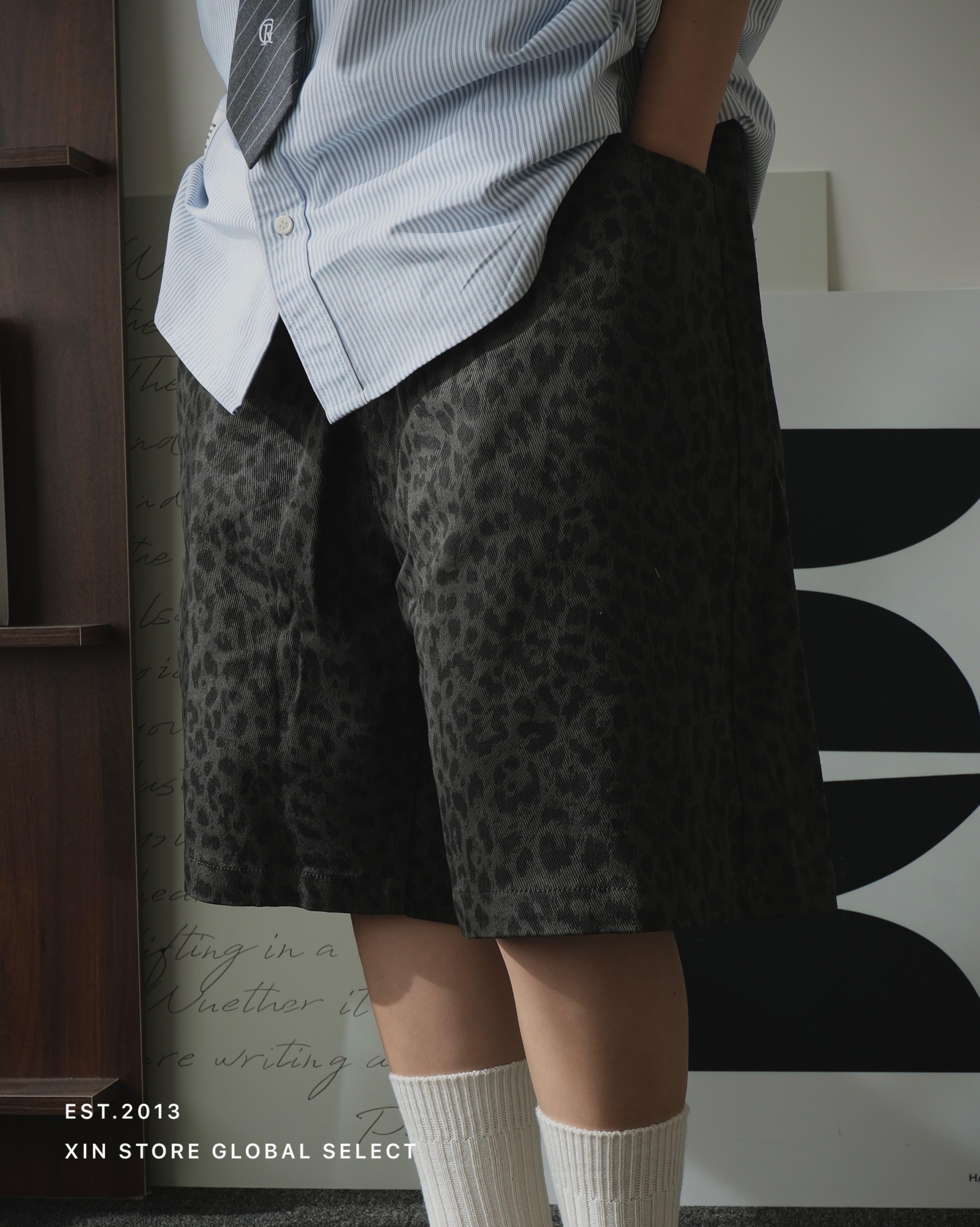 <熱銷千件🔥>IVORY 日系 滿版 豹紋 斜紋布 過膝 短褲 灰 棕