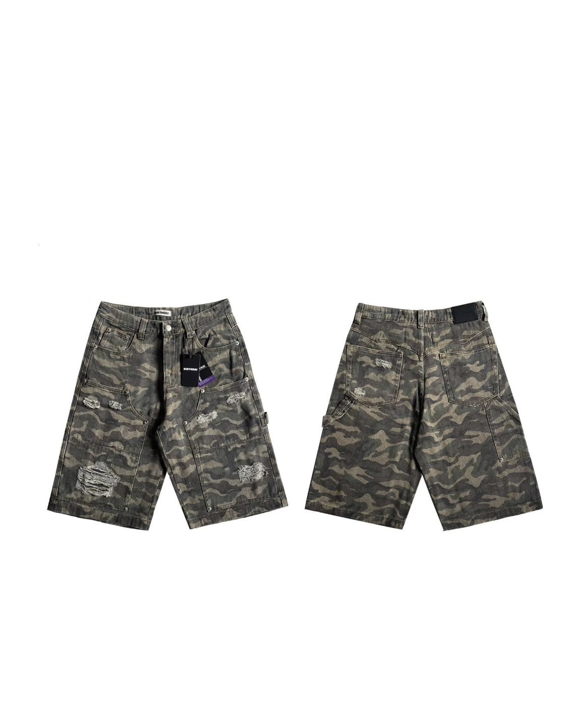 UNISEX 迷彩 破壞 設計感 膝下褲 短褲 #七分褲