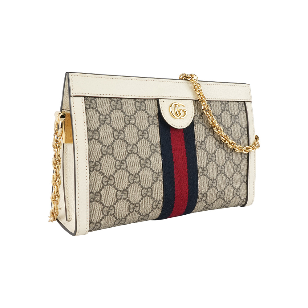 【GUCCI】Ophidia GG 藍紅織帶皮革飾邊鏈包(烏木色/白色)