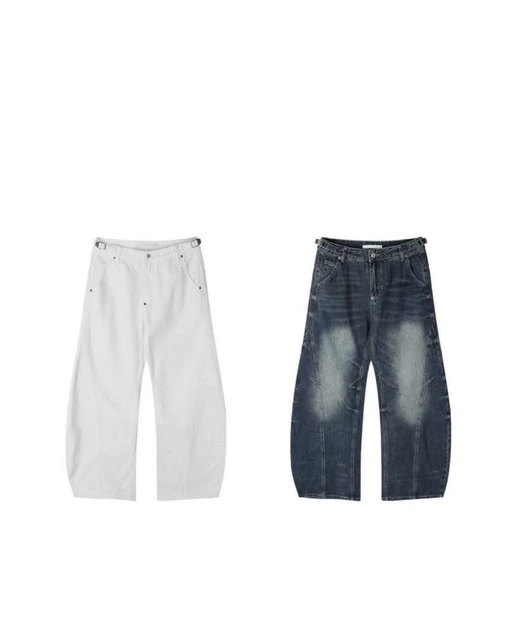 UNISEX 腰釦 設計 刷白 彎刀版型 #牛仔褲