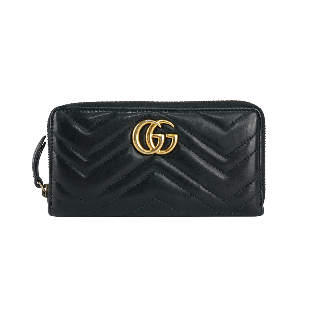 【GUCCI】GG Marmont牛皮 ㄇ型拉鍊長夾(黑色)