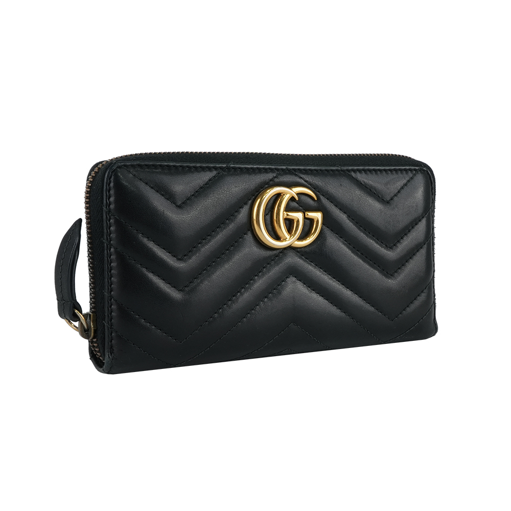 【GUCCI】GG Marmont牛皮 ㄇ型拉鍊長夾(黑色)