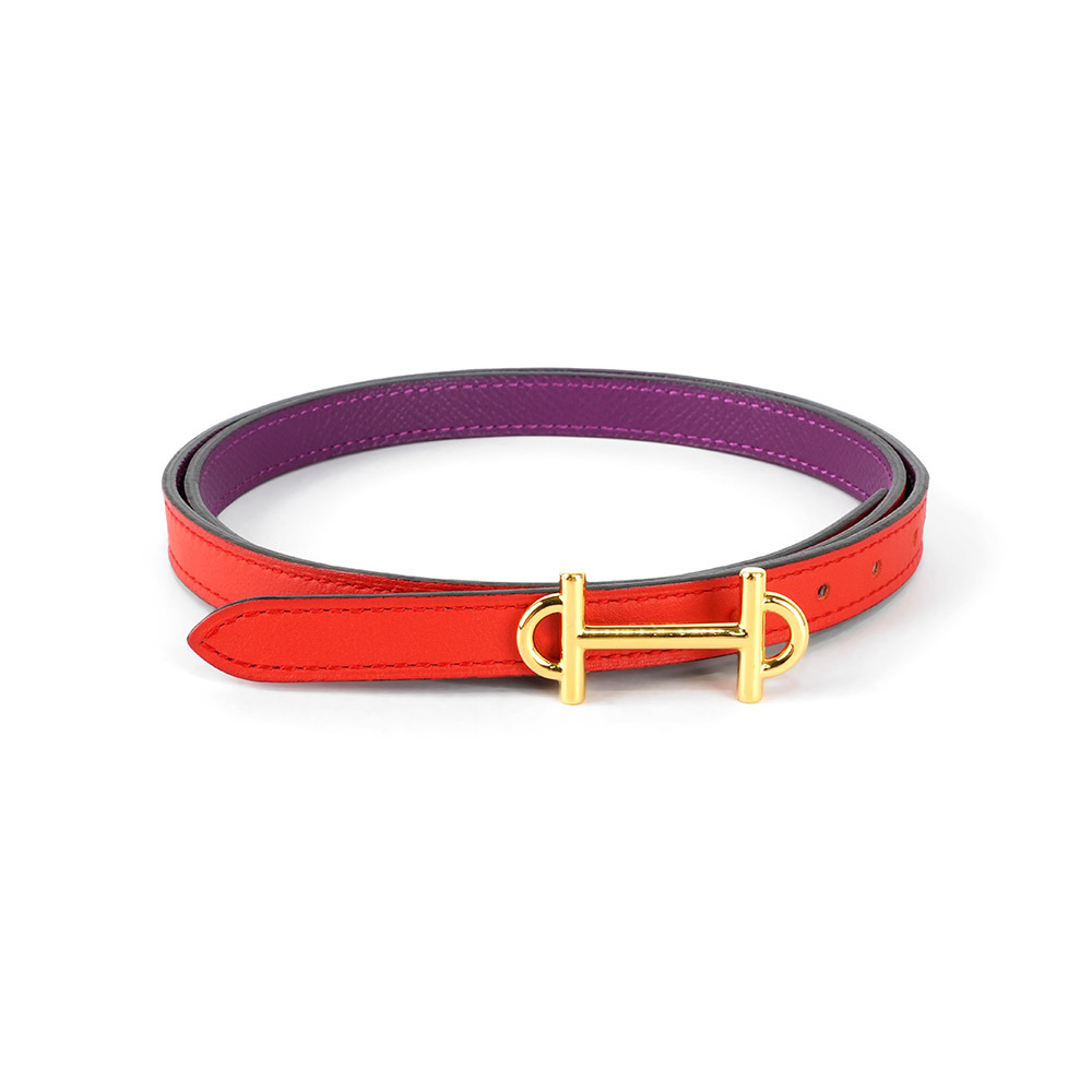 【Hermès】Gamma 金釦及寬1.3cm雙面雙色小牛皮皮帶(紅色/紫色)