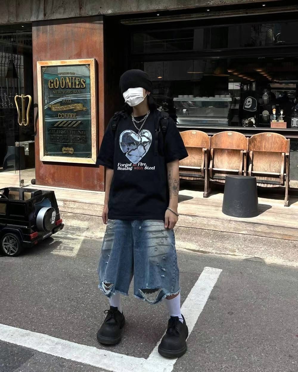 UNISEX 油污漬 設計 下擺刷破 牛仔短褲 #七分褲