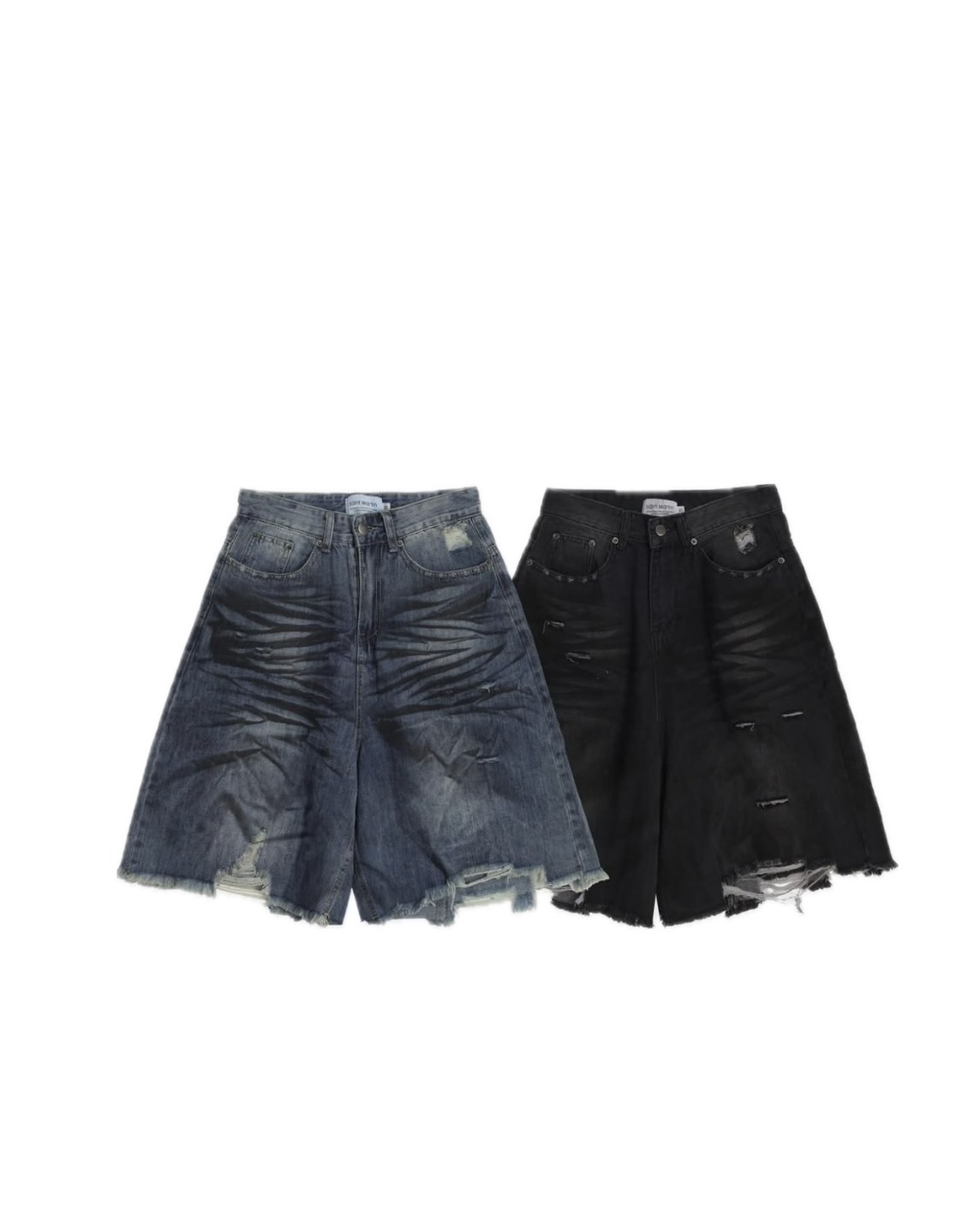 UNISEX 油污漬 設計 下擺刷破 牛仔短褲 #七分褲