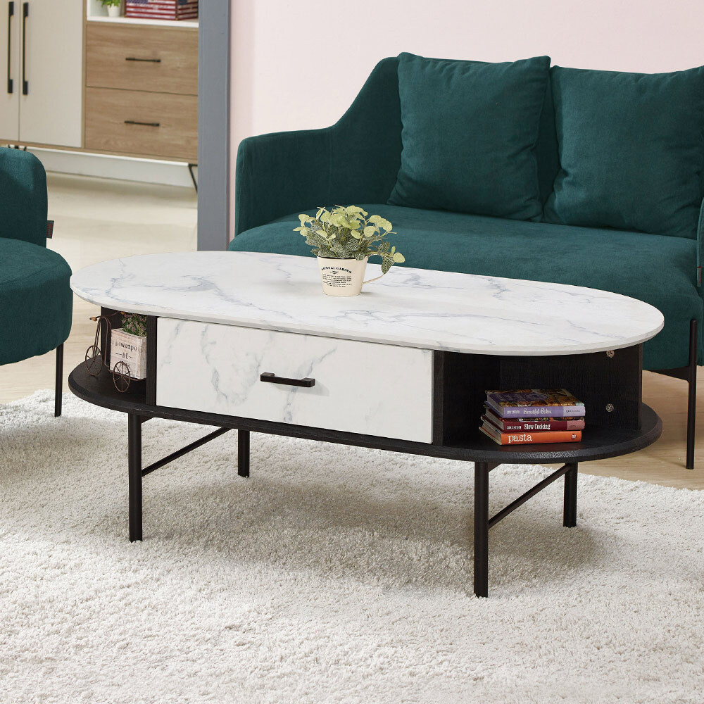 漢斯4尺仿石面橢圓形單抽大茶几