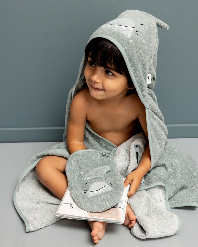 trixie 動物造型有機棉連帽浴巾-嘟嘟鯊魚