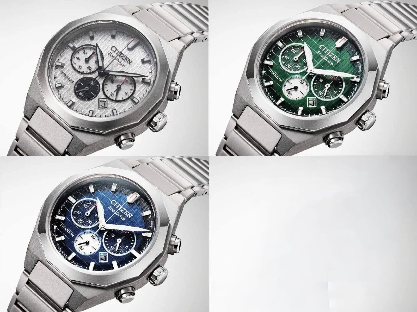 Citizen 星辰 Zenshin Senkei Chrono Super Titanium 綠色 CA4691-59X , 白色 CA4690-51A , 藍色 CA4691-59L 光動能男士太陽能計時鈦金屬腕錶