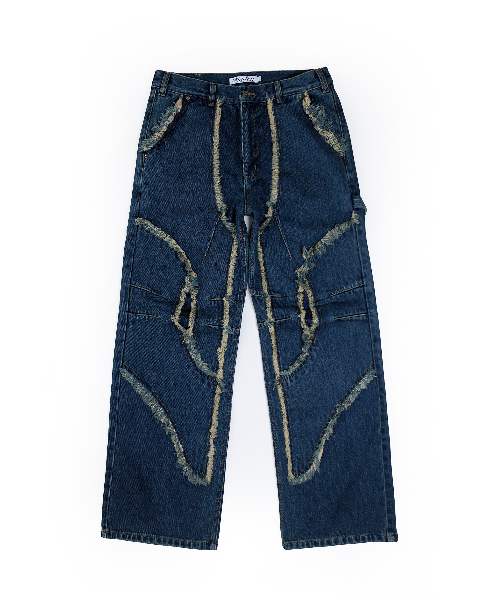 SHALOU DOUBLE KNEE FRAYED DENIM PANTS
