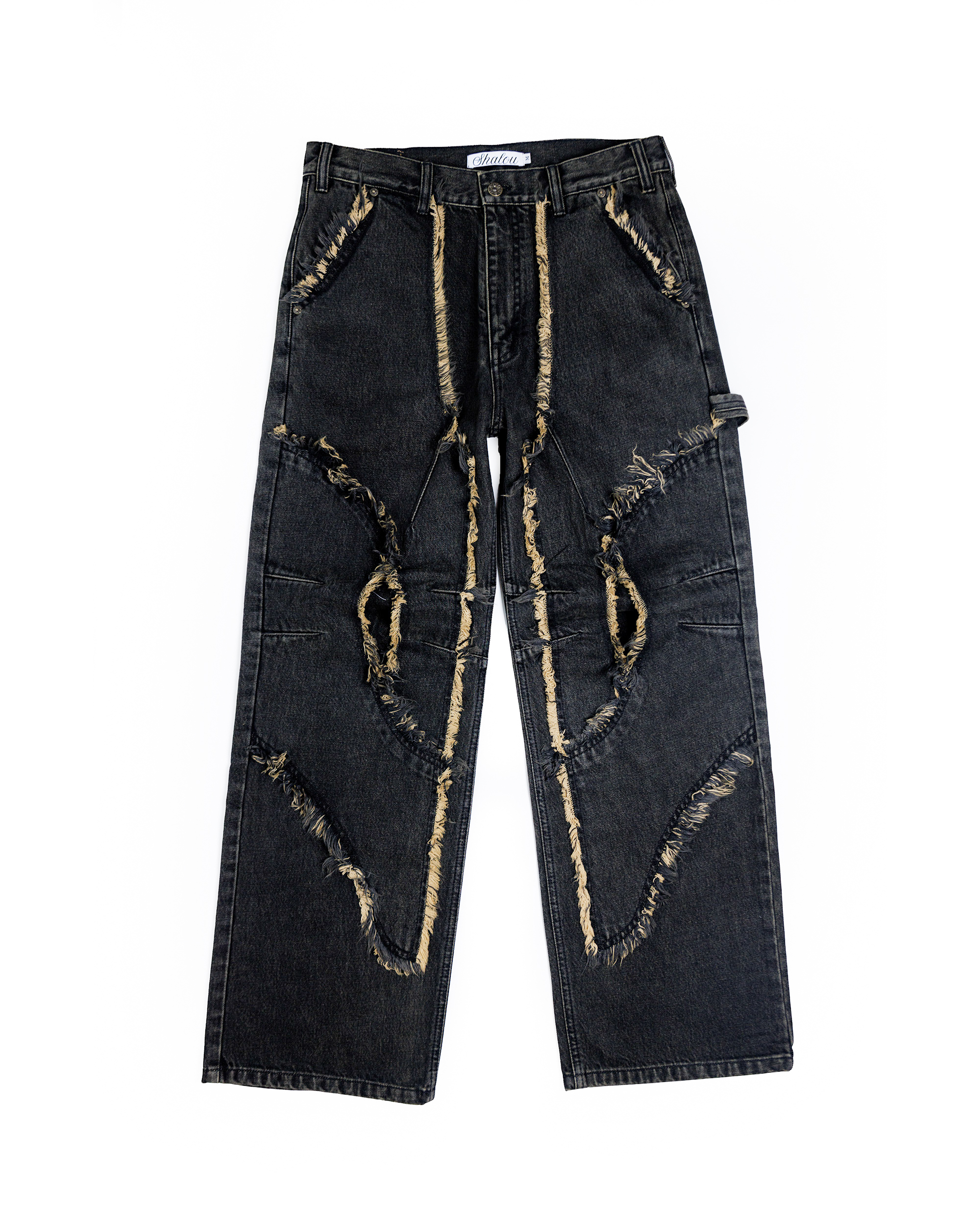 SHALOU BLACK DOUBLE KNEE FRAYED DENIM PANTS