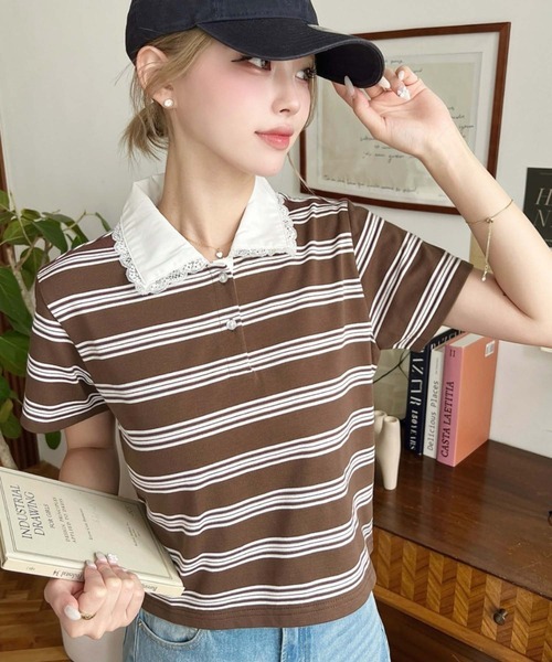 日本🇯🇵連線 Moment+ 蕾絲領條紋POLO衫 蕾絲 條紋 POLO衫 休閒 短袖 4色(任買兩件711免運)/預購