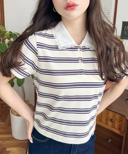 日本🇯🇵連線 Moment+ 蕾絲領條紋POLO衫 蕾絲 條紋 POLO衫 休閒 短袖 4色(任買兩件711免運)/預購