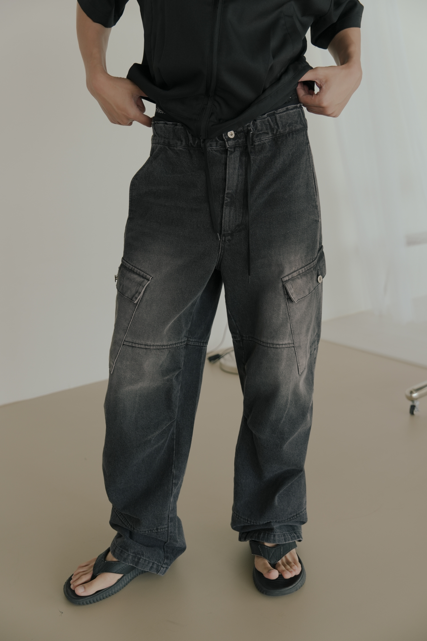 【Unisex】Denim Rough Cargo Banding Pants #工裝褲