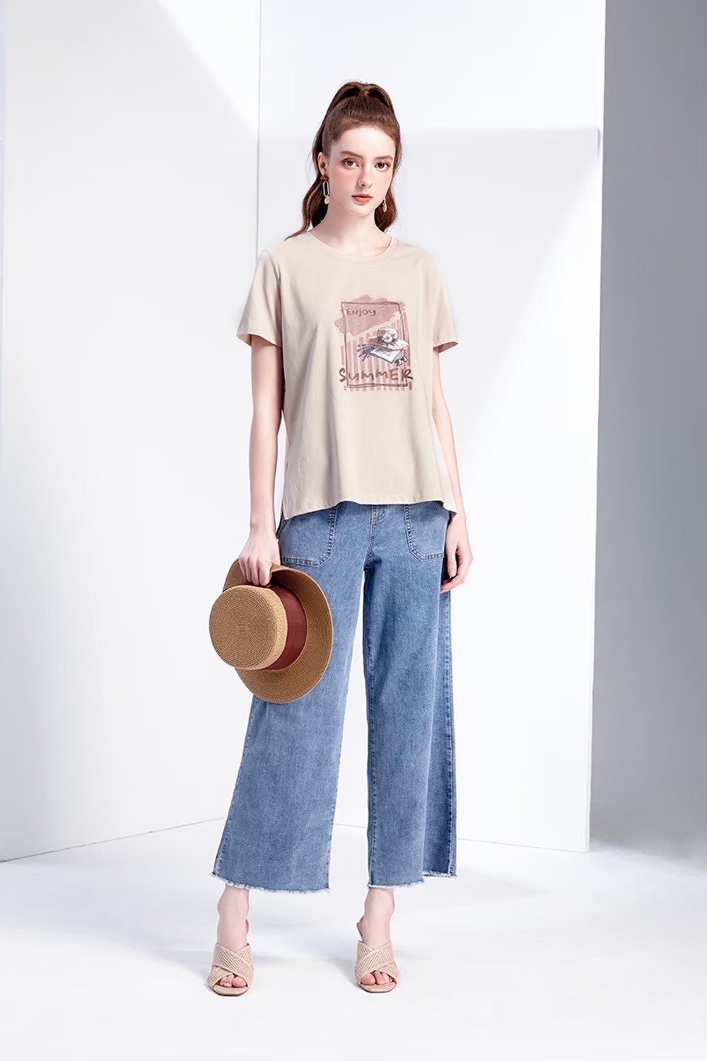 韓版甜美草帽文藝圖設計下襬開叉修身顯瘦長版棉T W6702