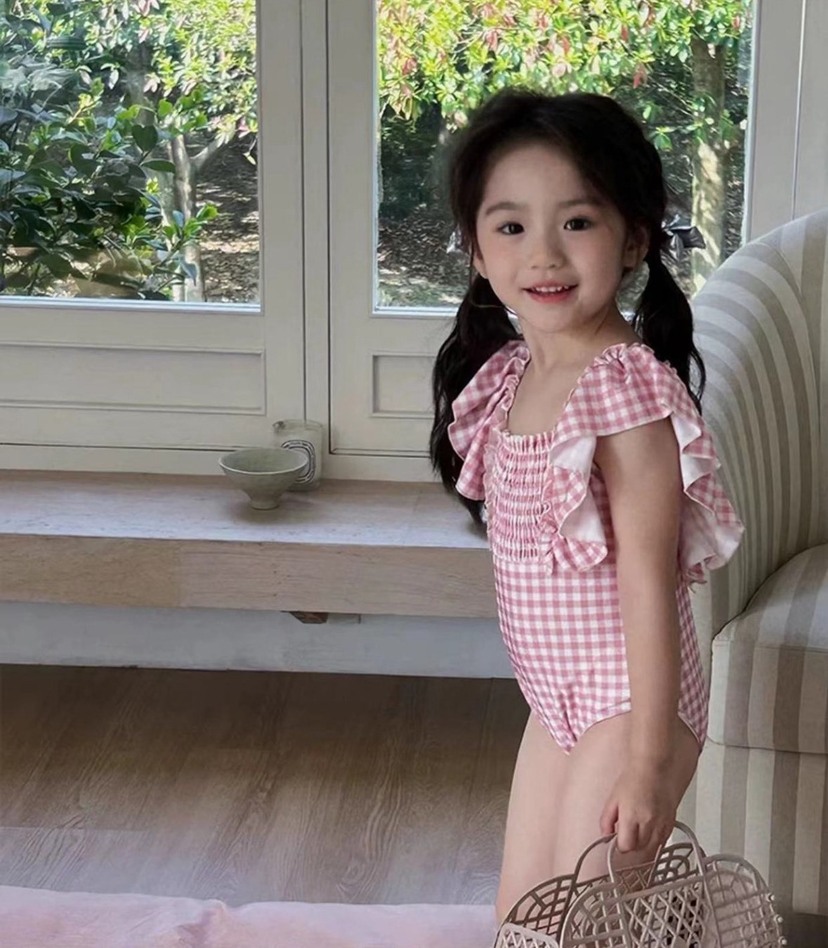 粉格子飛袖泳衣