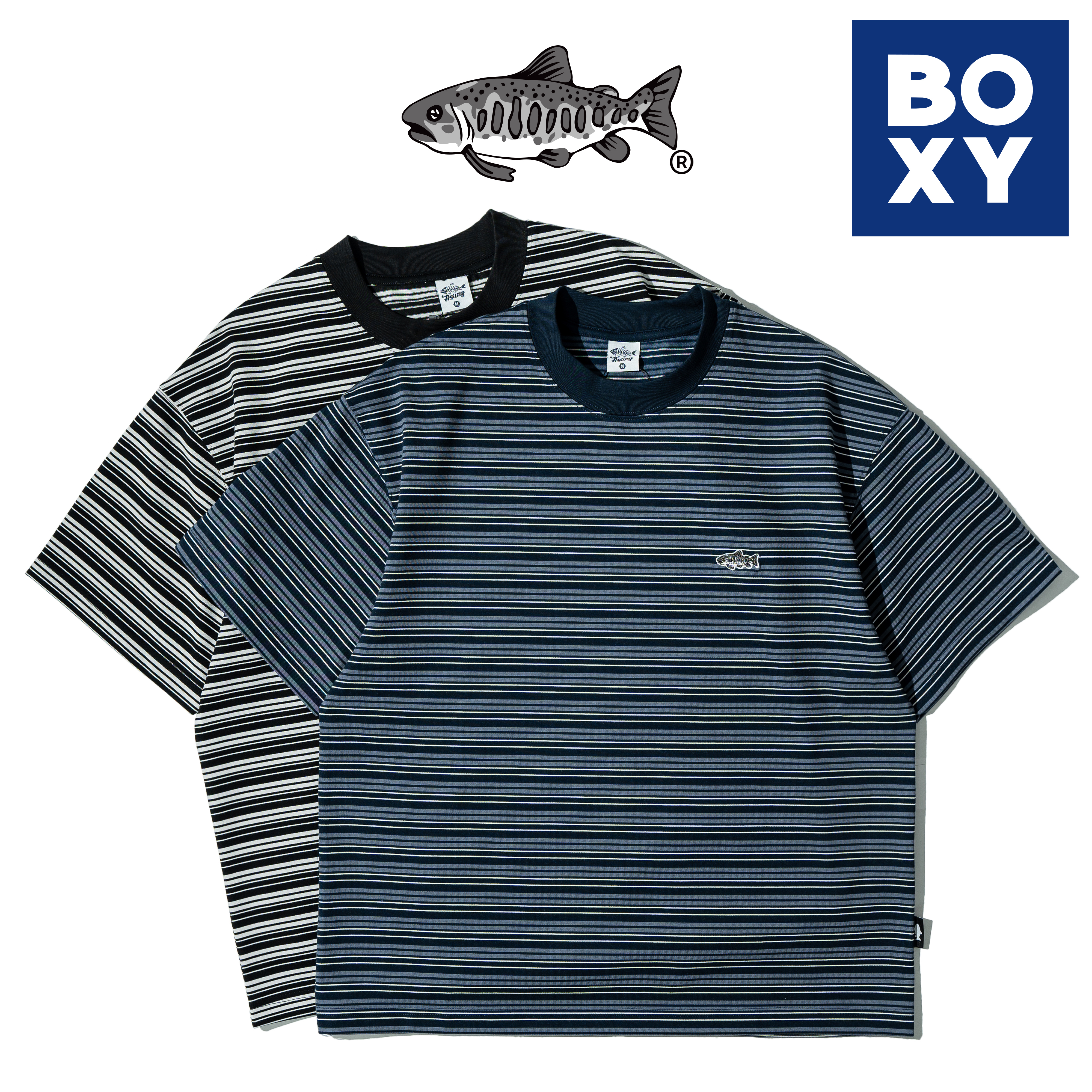 AGILITY Embroidery Stripe Boxy Tee 寬短 鮭魚刺繡 條紋短Tee [RS0-SBT]