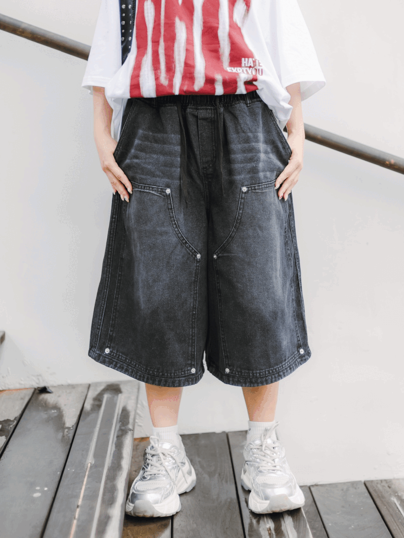 帥氣拼接鈕扣七分褲