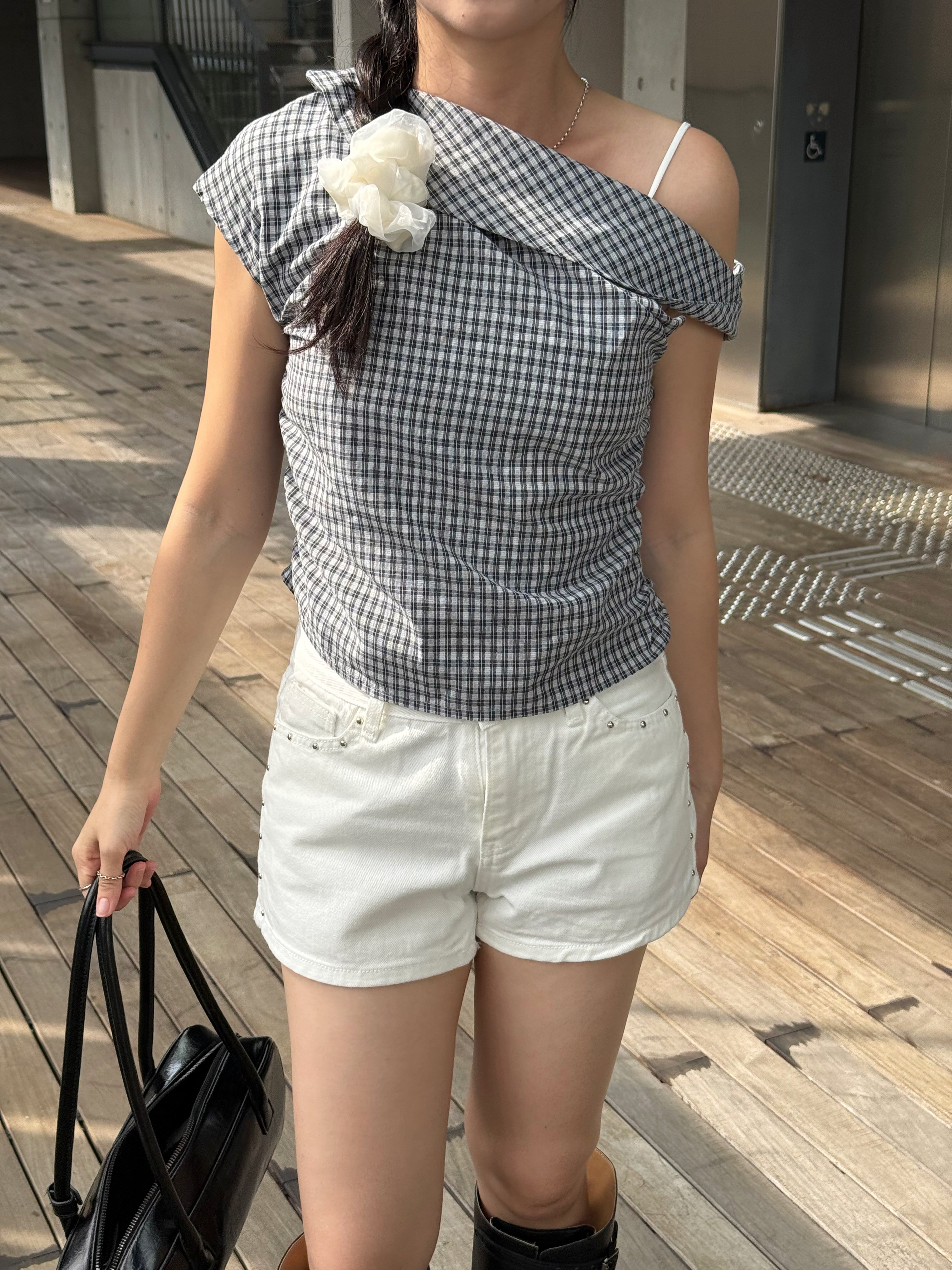 (訂購)個性感修身露膊格仔上衣 T7104(淺藍/深灰)