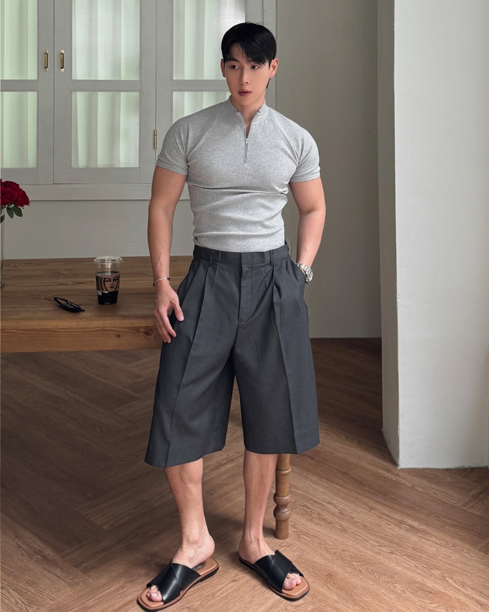 雙褶百慕達休閒褲