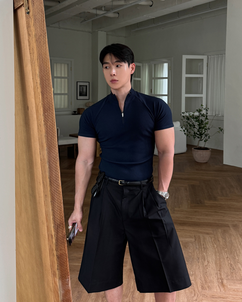 插肩袖羅紋半拉鍊短袖T恤