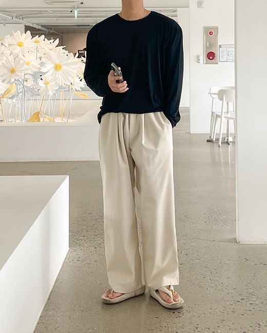 亞麻單褶寬管褲