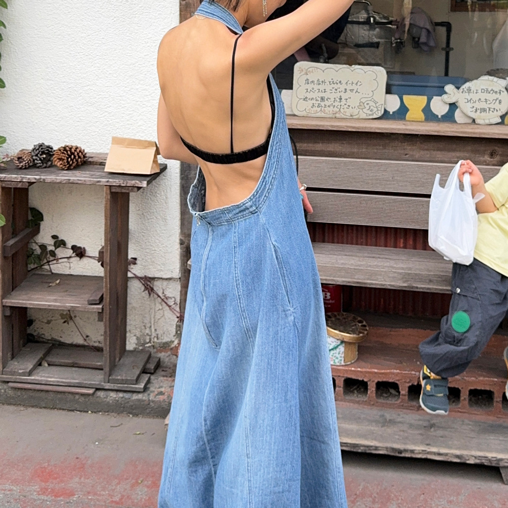 不對稱扣環掛脖 牛仔長洋裝