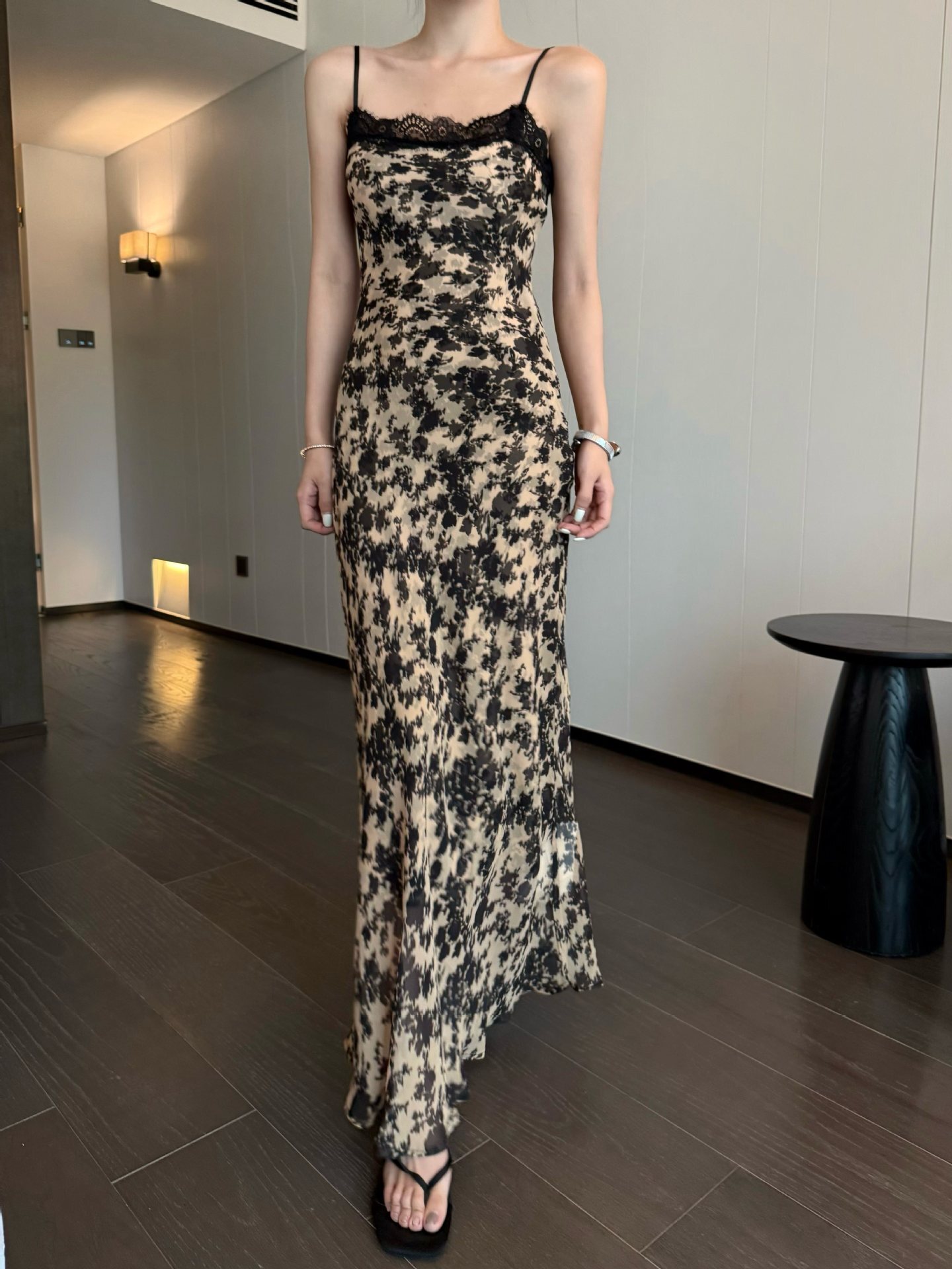 復古雪紡印花 蕾絲拼接長洋裝