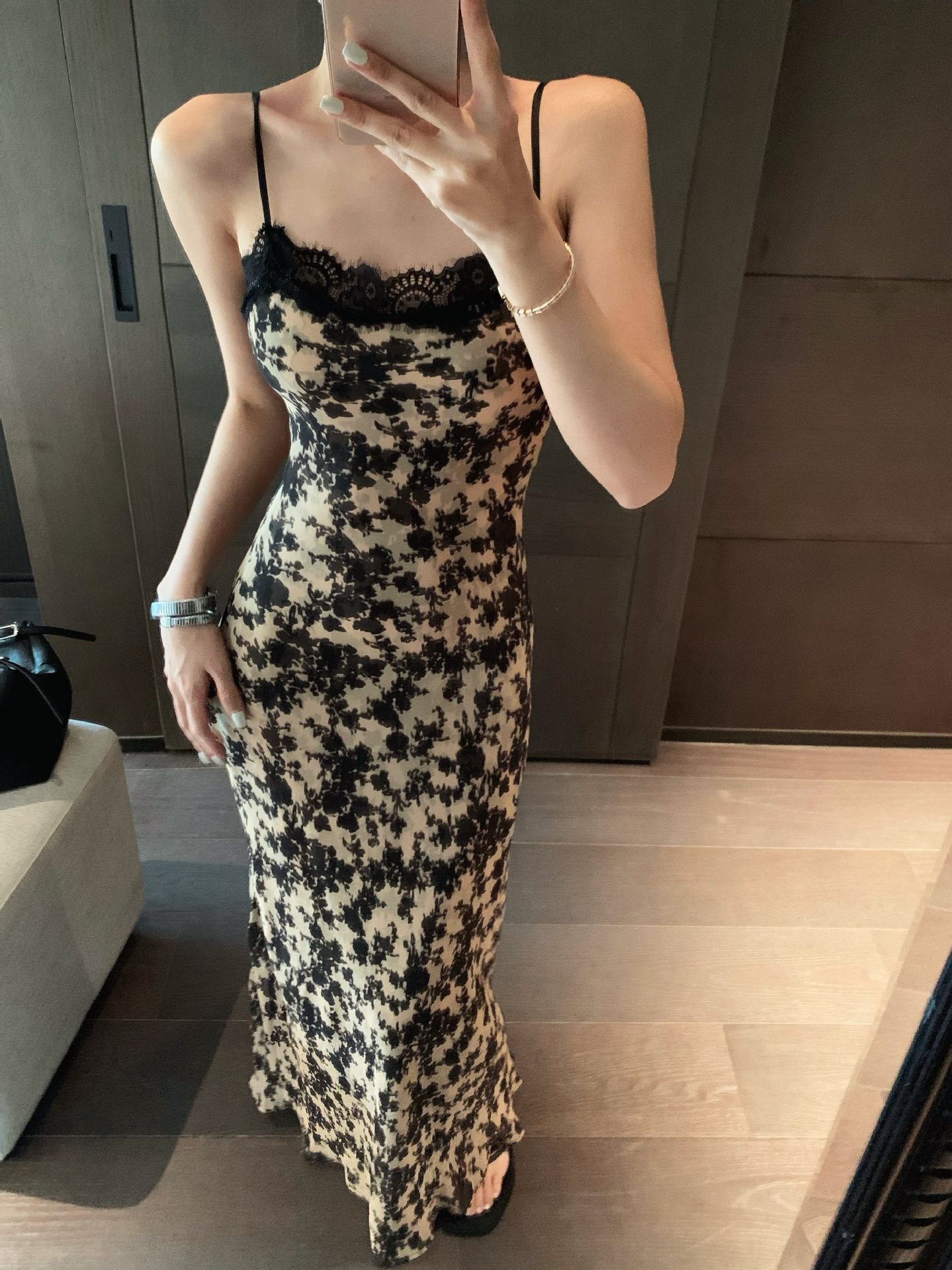 復古雪紡印花 蕾絲拼接長洋裝