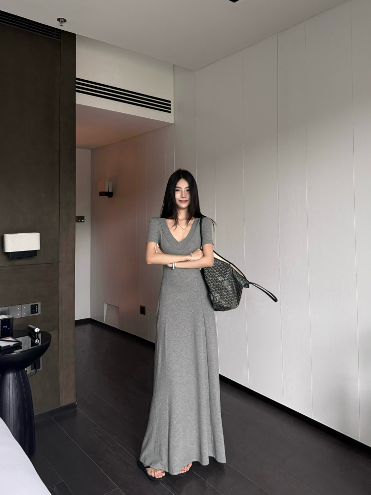 性感休閒系 短袖棉質長洋(黑/灰)