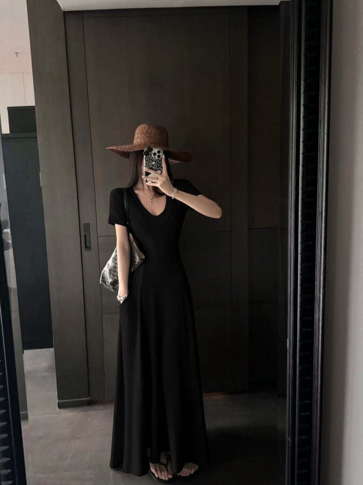 性感休閒系 短袖棉質長洋(黑/灰)