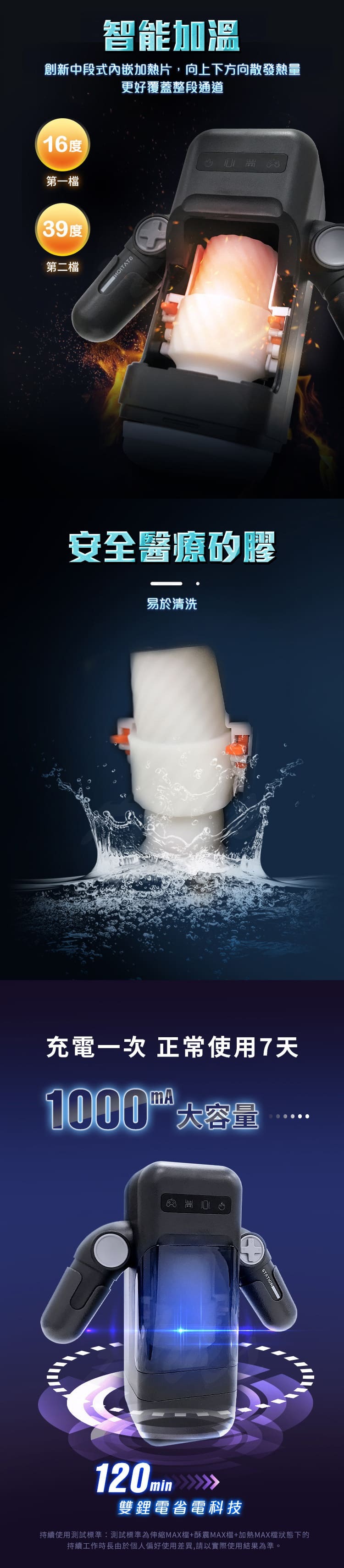 黑色電玩飛機杯機器人造型，內建手機支架與透明視窗，展示震動與加溫功能。