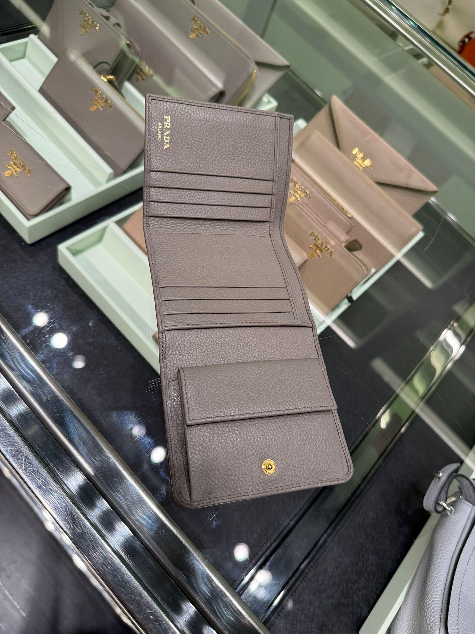 Prada Grainy Calf Tri-fold Wallet Grey 1MH176