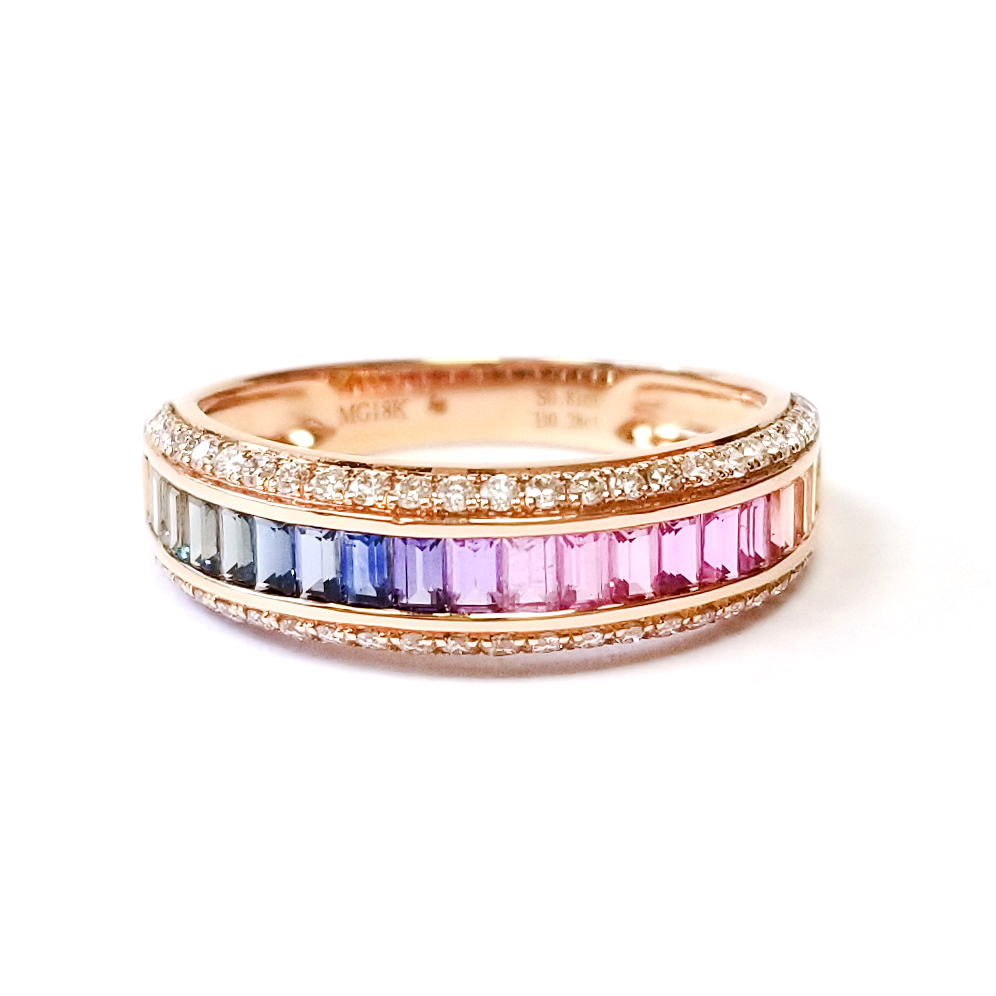 18K玫瑰金天然鑽石彩色藍寶石戒指