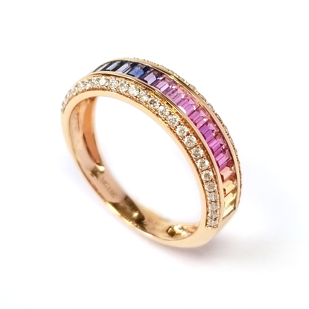 18K玫瑰金天然鑽石彩色藍寶石戒指