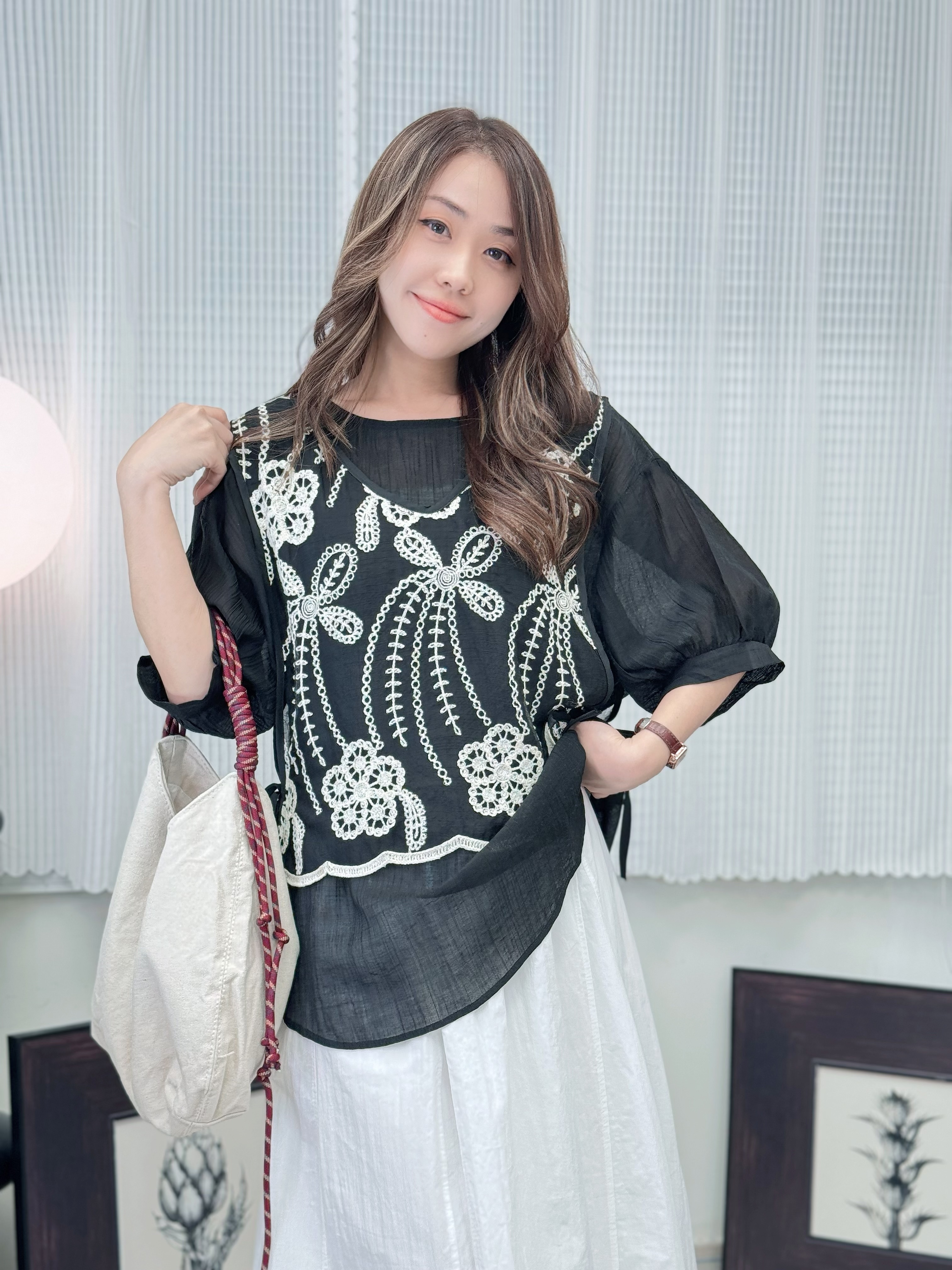 TOP#7525🤍黑紗刺繡馬甲上衣