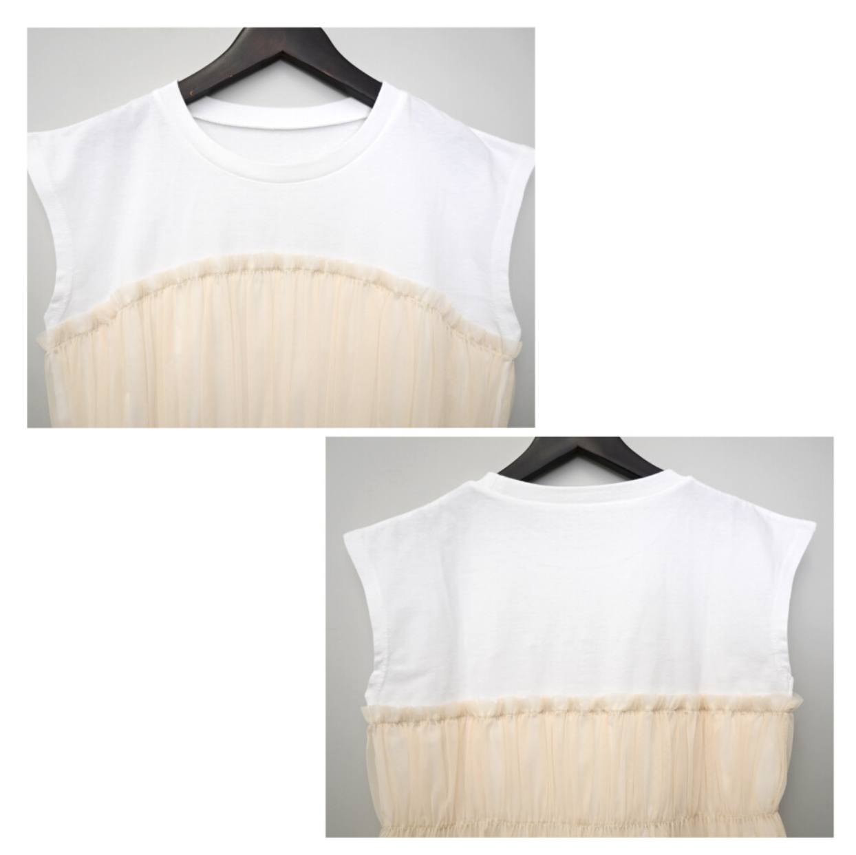 拼接薄紗法式袖上衣